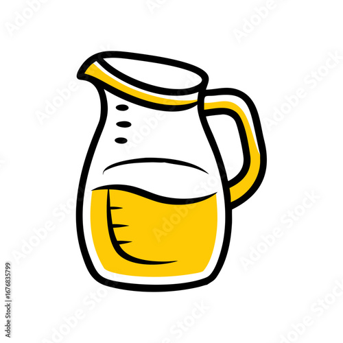 Cartoon pitcher filled with yellow liquid on white background  
