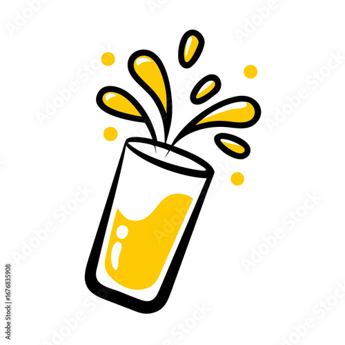 Glass of beer splashing with yellow liquid and droplets around  
