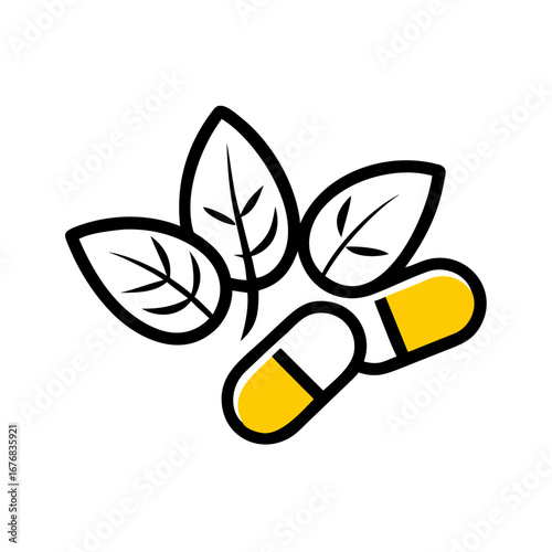 Herbal capsules with green leaves in minimalist style  