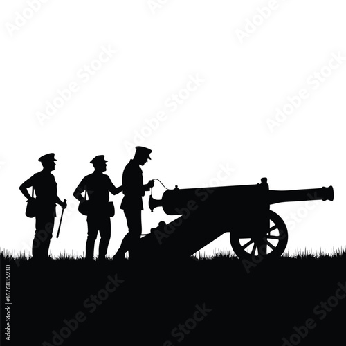Soldiers prepare artillery cannon in silhouette military