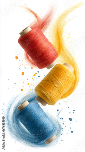 Three spools of thread in red, yellow and blue, presented in a minimalist style with a floating effect, modern design without support and contact with the surface, ideal for advertising and design pro