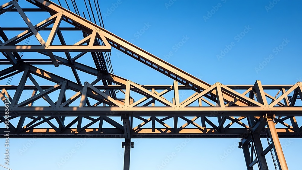 Obraz premium Industrial steel structure with geometric patterns, highlighting construction progress under clear skies.