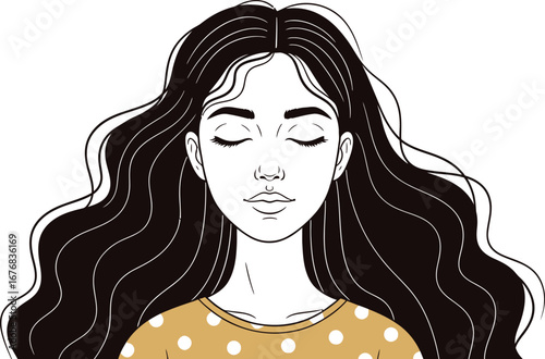 Serene young woman with long dark wavy hair eyes closed in peaceful contemplation