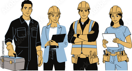 Diverse team of construction workers standing together with tools and blueprints