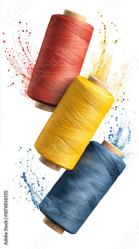 Three spools of thread in red, yellow and blue, presented in a minimalist style with a floating effect, modern design without support and contact with the surface, ideal for advertising and design pro