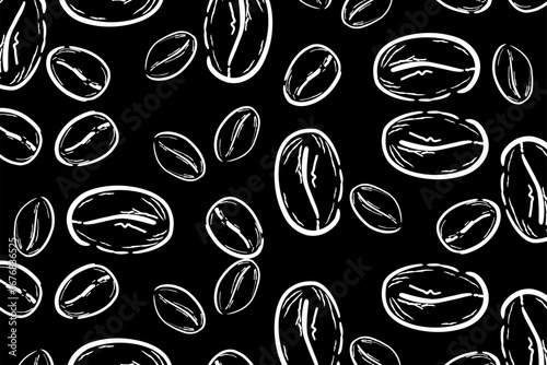 Seamless pattern of hand-drawn coffee beans in black and white, ideal for café branding, packaging, textile prints, and coffee-themed designs.