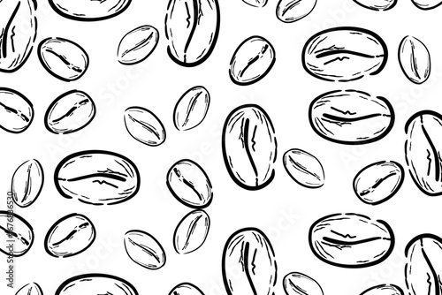 Seamless pattern of hand-drawn coffee beans in black and white, ideal for café branding, packaging, textile prints, and coffee-themed designs.