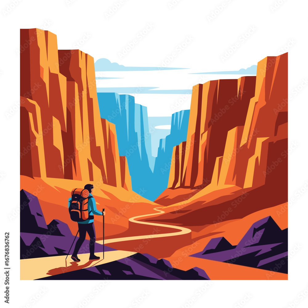 Naklejka premium Exploring the Canyon: A lone hiker embarks on an adventure, trekking through a vivid canyon, surrounded by towering rock formations and a vast sky.