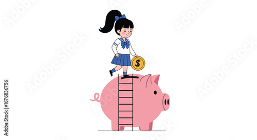 Young girl saving money in her piggy bank teaches financial literacy and responsibility early on
