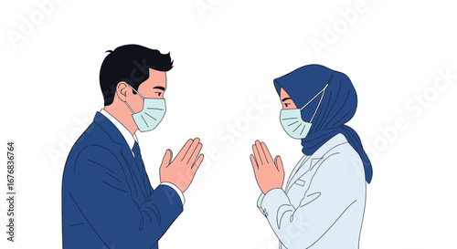 Welcoming professional Muslim business people greeting with respect during pandemic with social distancing