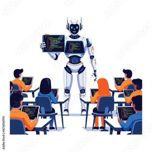Robotics Education: A state-of-the-art robot instructs a class of students. Learning the principles of coding, highlighting the transformative impact of Artificial Intelligence on future learning. 