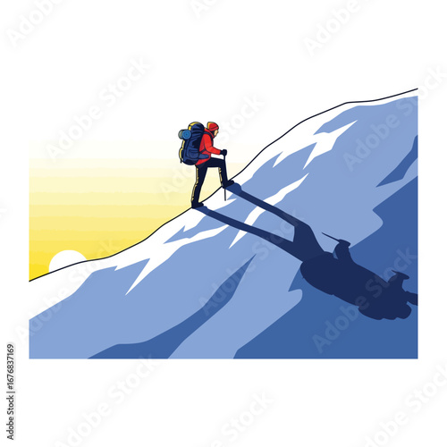 Summit's Ascent: A lone mountaineer embarks on a journey, navigating steep slopes and achieving triumph against nature's grandeur