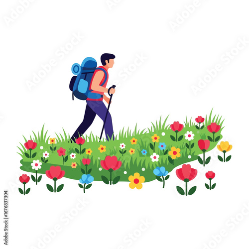 The Adventurer's Bloom: An illustrated person traverses a vibrant path of flowers and green grass, symbolizing exploration and the joy of hiking in nature.