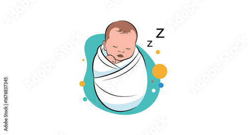 Adorable newborn baby peacefully sleeping swaddled in a blanket with zzz's in the background