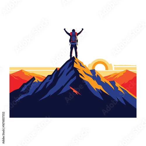 Reaching the Summit: A solitary figure stands triumphant atop a majestic mountain peak, silhouetted against a vibrant sunset, symbolizing accomplishment and adventure.
