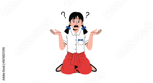 Confused student with question marks in traditional Thai uniform needs help with assignment now