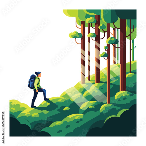Into the Green Embrace: A solitary figure embarks on a solo hiking adventure, stepping into the depths of a verdant forest, bathed in the soft glow of the sunlight.