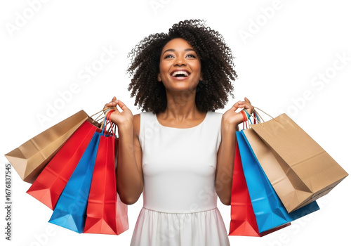 Happy black woman with curly hair shopping bags joyful isolated on transparent background