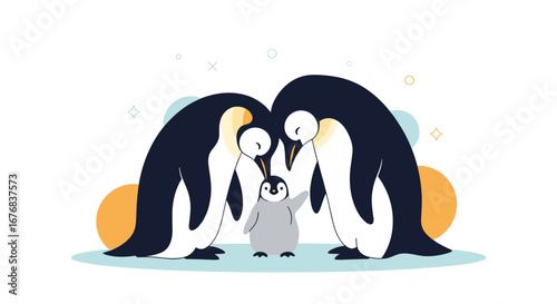 Adorable penguin family illustration conveying love and togetherness in a modern, minimalist design