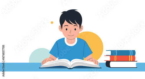Young boy happily reading a book at his desk ready to learn and expand his knowledge base today