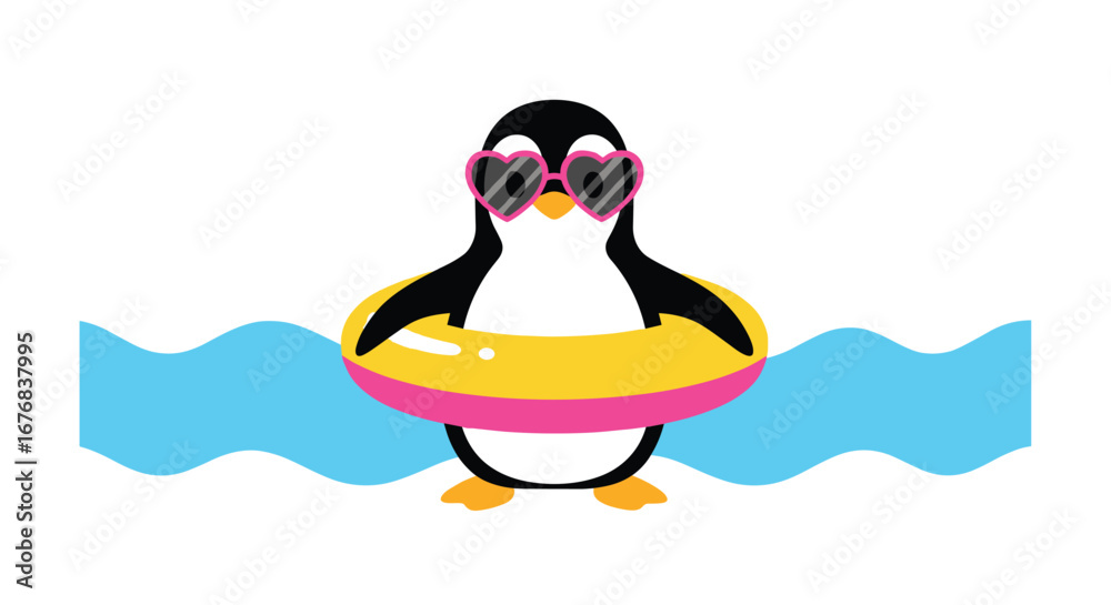 Obraz premium Cool penguin chilling on waves with heart sunglasses and swim ring having fun on summer vacation