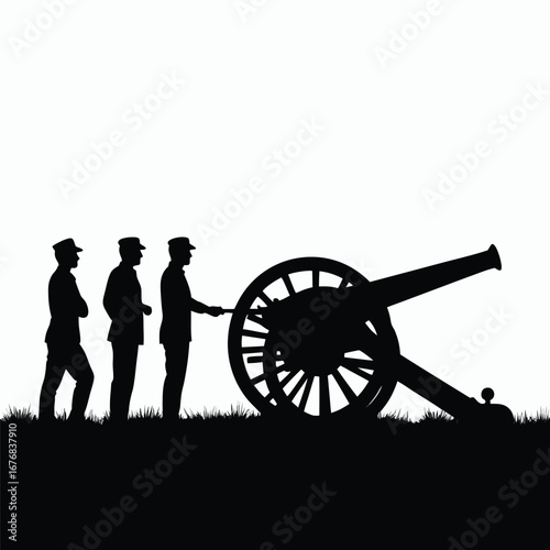 Three soldiers in silhouette operating a cannon military 1