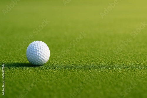 A lone golf ball resting on a vibrant green field captures the essence of the game of golf and the tranquility of the sport. Perfect for showcasing solitude in outdoor recreation.
