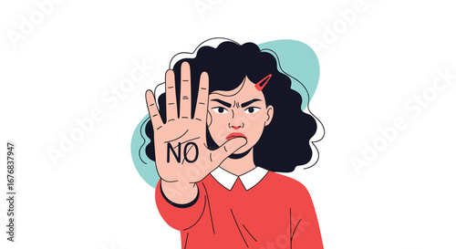Assertive young woman says no with hand gesture, rejecting unwanted advances confidently, stop sign