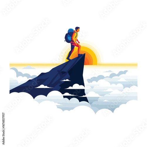 Conquering Heights: A silhouette of a determined figure stands atop a mountain peak, basking in the radiant glow of the rising sun. The image exudes ambition and resolve.