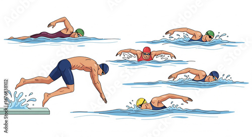 Group of Energetic Swimmers Diving and Racing in a Pool in a Bright Studio