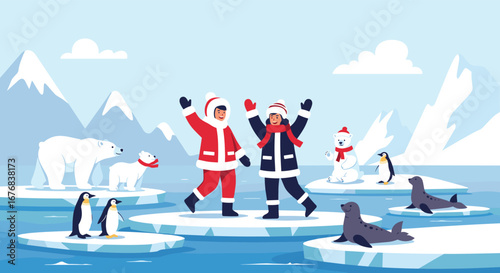 Enjoy winter wonderland fun with friendly penguins, polar bears, and seals on the arctic ice floe