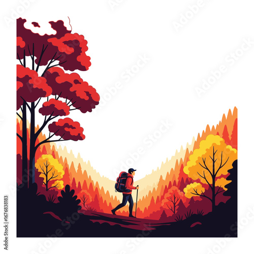 Autumn Trail: A lone hiker navigates a vibrant trail during the autumn season, surrounded by a landscape ablaze with the warm hues of fall, symbolizing the journey of self-discovery and adventure.