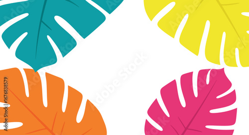 Vibrant tropical leaves in yellow, orange, pink, and teal create a summer border on a white background, perfect for seasonal promotions and invitations.