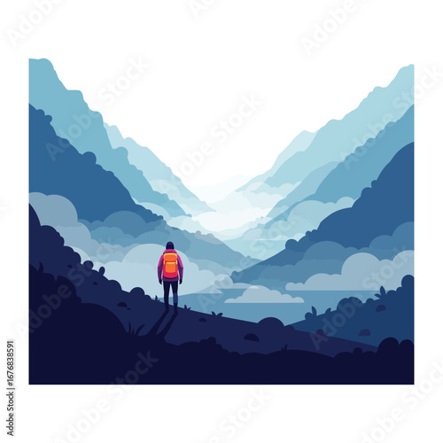 Solitary Explorer Amidst the Peaks: A lone adventurer stands poised on a precipice, gazing into a panoramic valley, the majesty of the peaks enveloping them in a serene embrace.