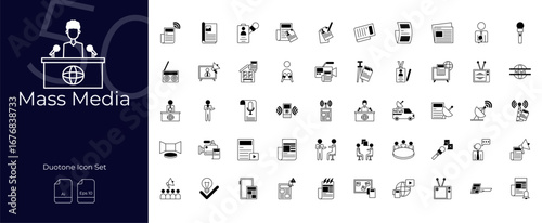 Mass Media duotone Editable Icons set. Vector illustration in modern thin duotone style of Mass Media icons: news, broadcast, television, etc