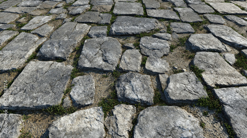 Roman-inspired cobblestone road with worn historic stones and aged textures ideal for ancient architecture reconstructions and historical scenes