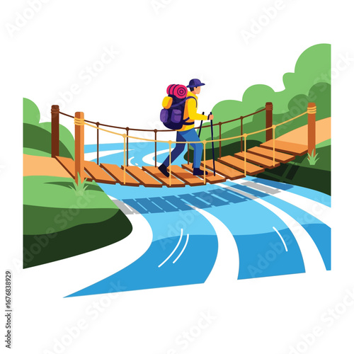 Journey Across The Bridge: A lone traveler embarks on a scenic hiking journey, gracefully crossing a sturdy suspension bridge that spans a vibrant river, symbolizing adventure. 