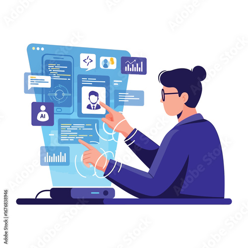 Tech Visionary: An individual interacts with an intuitive digital interface, signifying innovation and future technology and it shows the essence of progress.