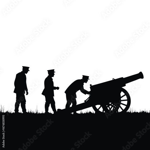 Three soldiers in silhouette operating a cannon on grassy ground