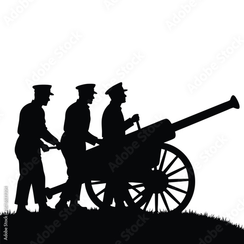 Three soldiers in silhouette pushing a cannon army