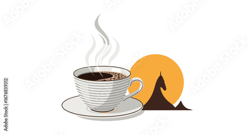 Steaming coffee cup with sunrise mountain silhouette, perfect for morning inspiration and cozy vibes