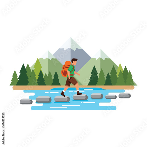 Hiking Adventure: A vibrant illustration of a solo hiker navigating stepping stones across a tranquil river, with majestic mountains rising in the backdrop.