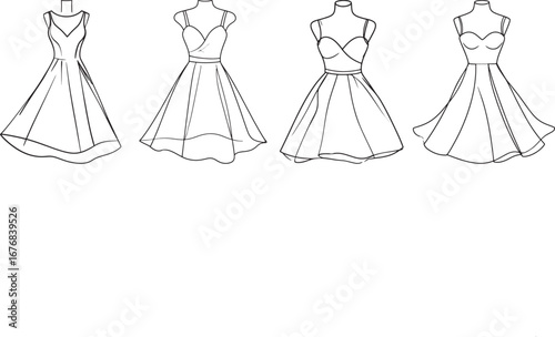 Elegant Dress Line Art Illustration, Fashion Design Sketch on Mannequin, Isolated