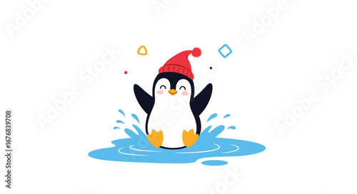 Joyful cartoon penguin wearing a hat splashes happily in water with colorful accents