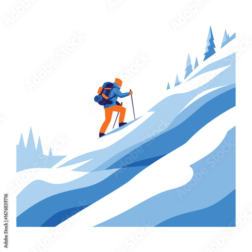 Conquering Heights: A determined trekker fearlessly ascends a snowy mountain slope, embodying the spirit of adventure and perseverance.