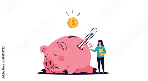Worried woman checks sick piggy bank with thermometer, financial crisis concept