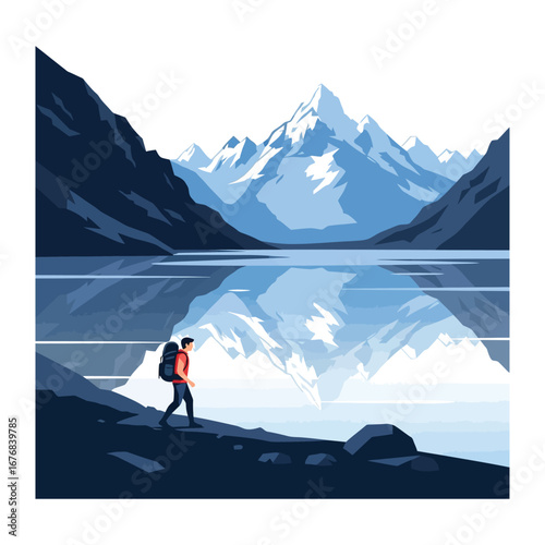 Adventure and Exploration: An adventurous hiker, with backpack, traverses a mountainous landscape, mirroring snow-capped peaks reflecting in a tranquil lake.
