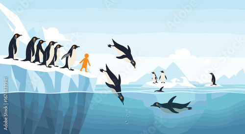 Curious orange figure observes penguins diving into icy Antarctic waters, capturing adventure and exploration.