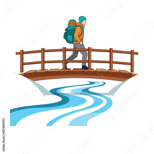 Adventurous Journey: A lone traveler ventures across a wooden bridge spanning a serene river, the majestic mountains towering in the distance, encapsulating the essence of travel. 