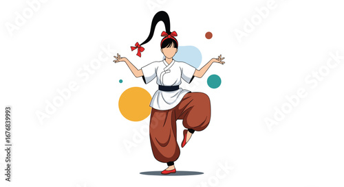 Graceful dancer in traditional attire performs a dynamic pose with flowing movements and vibrant energy